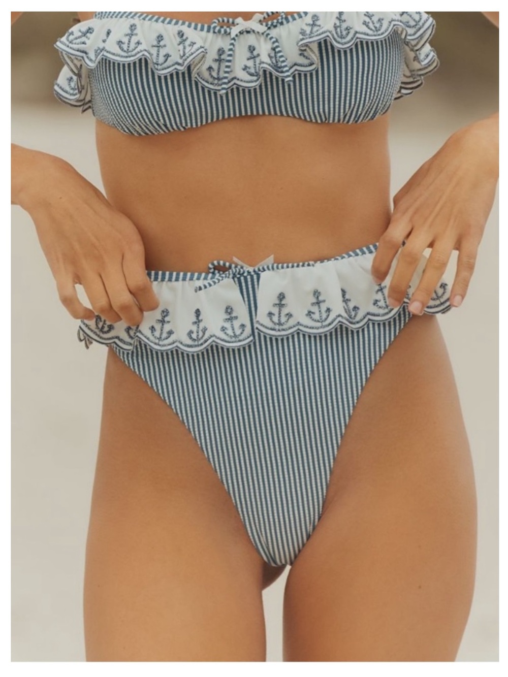 NWT FOR LOVE & LEMONS Ruffle Hem Bikini Bottoms in Navy/White Stripe LARGE